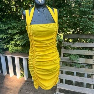 SHEIN Yellow Ruched Halter Mini Dress